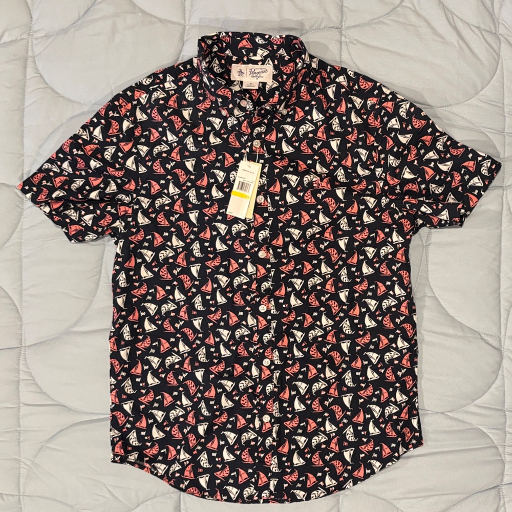 Original Penguin Men's Short Sleeve Shirt - Navy, White, Pink Sailboat Print Med